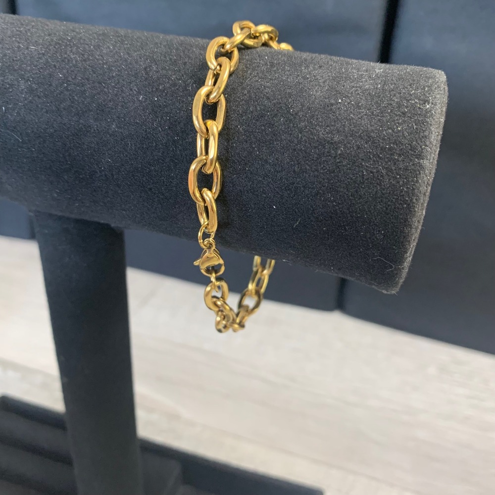 Gold Tone Cable Link Chain Bracelet Polished Oval Links Lobster Clasp 7.75in